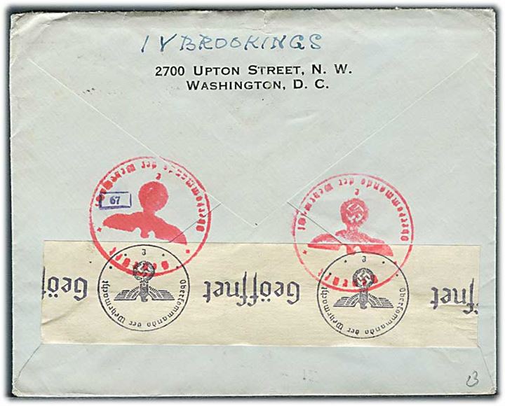 30 cents Winged Globe på luftpostbrev fra Washington DC d. 29.5.1941 til Korinth, Danmark. Åbnet af tysk censur.