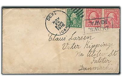 1 cent og 2 cents (2) på brev annulleret med rammestempel DOWS IOWA og Dows d. 20.11.1916 til Vester Klippinge pr. Nr. Alslev, Danmark. Uden censur.