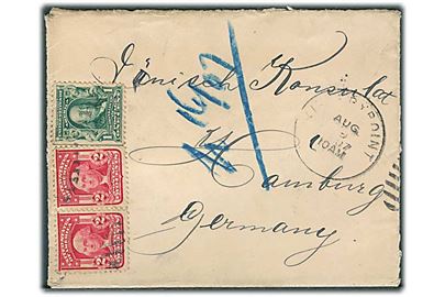 1 cent Franklin og 2 cents Washington på brev fra 9.8.1907 til danske konsulat i Hamburg, Tyskland.