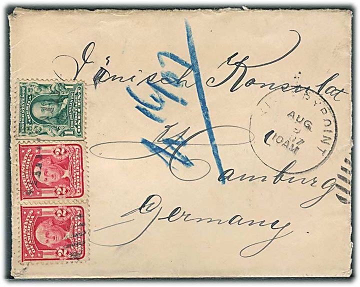 1 cent Franklin og 2 cents Washington på brev fra 9.8.1907 til danske konsulat i Hamburg, Tyskland.