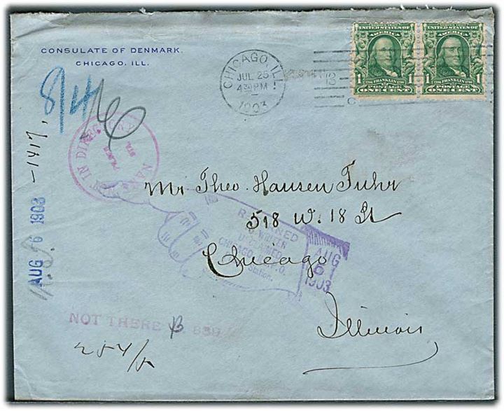 1 cent Franklin i parstykke på fortrykt kuvert fra danske konsulat sendt lokalt i Chicago d. 25.7.1903. Retur som ubekendt