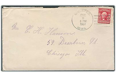 2 cents Washington på brev stemplet Ringsted Iowa d. 9.12.1907 til Chicago. Ringsted i Emmet County, Iowa blev grundlagt af danske immigranter ca. 1880.