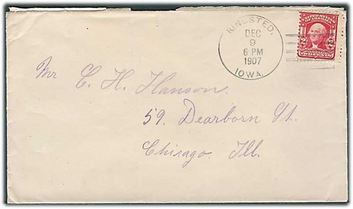 2 cents Washington på brev stemplet Ringsted Iowa d. 9.12.1907 til Chicago. Ringsted i Emmet County, Iowa blev grundlagt af danske immigranter ca. 1880.