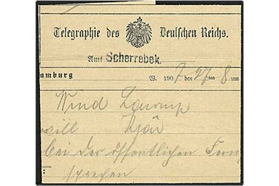 Telegram fra Hamburg til Skærbæk. Ankommet d. 27-8-1907 og annulleret med liniestempel Scherrebek. 