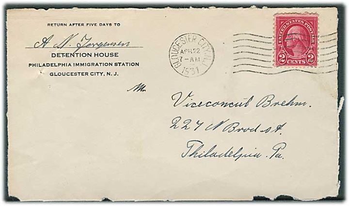 2 cents Washington på fortrykt BREVFORSIDE fra tilbageholdt dansker i Detention House, Philadelphia Immigration Station stemplet Gloucester d. 22.4.1931 til Philadelphia.