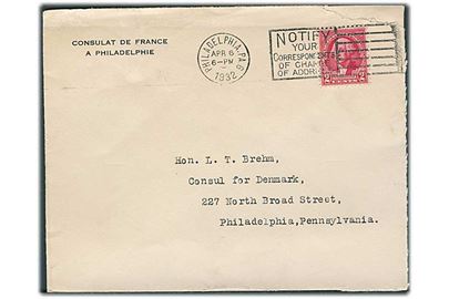 2 cents Washington på fortrykt kuvert fra franske konsul i Philadelphia d. 6.4.1932 til danske konsul i Philadelphia.