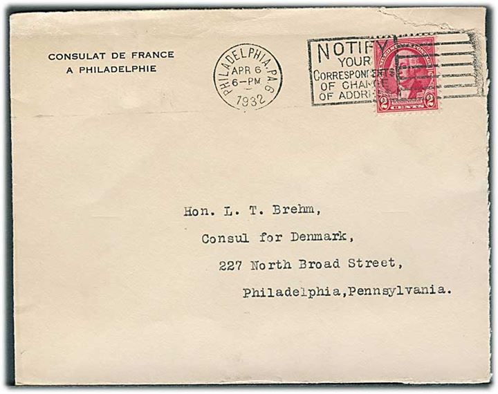 2 cents Washington på fortrykt kuvert fra franske konsul i Philadelphia d. 6.4.1932 til danske konsul i Philadelphia.