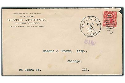 2 cents Washington på brev fra Clear Lake S.Dak. d. 5.3.1904 til Chicago.