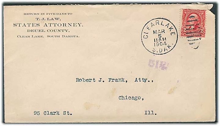 2 cents Washington på brev fra Clear Lake S.Dak. d. 5.3.1904 til Chicago.