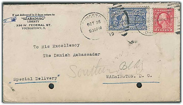 2 cents Washington og 10 cents Special Delivery på ekspresbrev fra Youngstown d. 28.10.1919 til danske ambassadør i Washington DC. 2 arkivhuller.