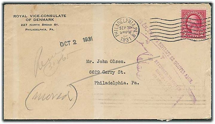 2 cents Washington på lokalbrev fra danske vicekonsul i Philadelphia d. 30.9.1931. Retur ubekendt.