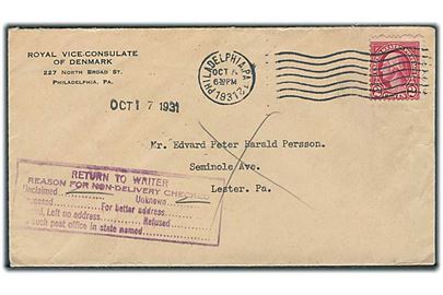 2 cents Washington på brev fra danske vicekonsul i Philadelphia d. 5.10.1931 til Lester. Retur ubekendt.