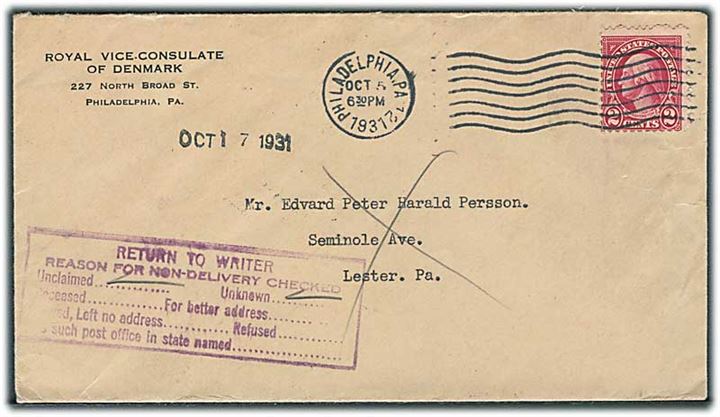 2 cents Washington på brev fra danske vicekonsul i Philadelphia d. 5.10.1931 til Lester. Retur ubekendt.