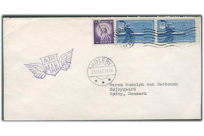 15 cents blandingsfrankeret luftpostbrev fra San Francisco d. 19.11.1957 til Højbygaard pr. Rødby, Danmark. Ank.stemplet Holeby d. 23.11.1957.