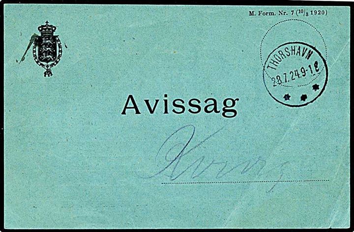 1924 avissag sendt fra Thorshavn d. 28.7.1924 til Kvivig. Godt objekt!
