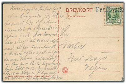 5 øre Fr. VIII på brevkort (Hammershus) annulleret med skibsstempel Fra Rønne til Vejen.