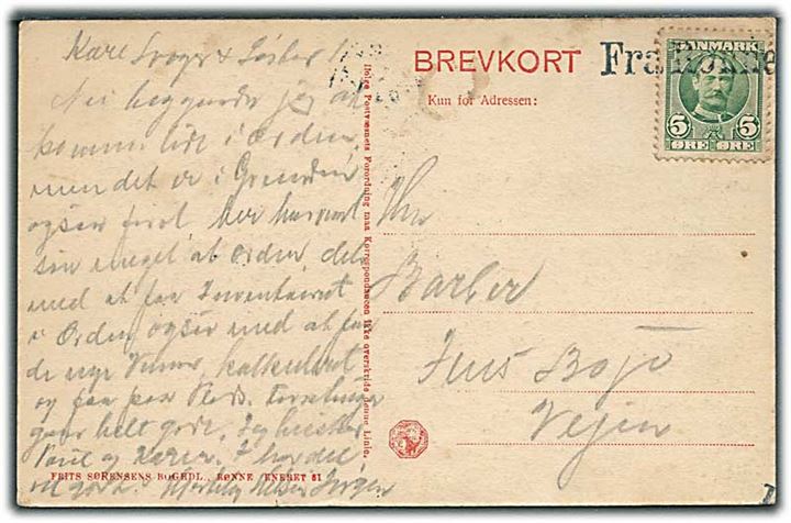 5 øre Fr. VIII på brevkort (Hammershus) annulleret med skibsstempel Fra Rønne til Vejen.