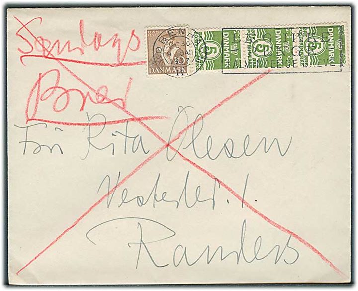 5 øre Bølgelinie i 3-stribe og 10 øre Tavsen på søndagsbrev fra København d. 9.1.1937 til Randers.