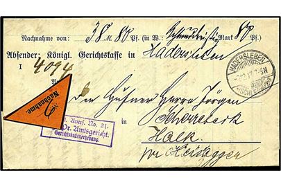 1907, postopkrævning sendt fra Hadersleben / Haderslev d. 3.12.1907 til Heisagger, annulleret med Haderslev 2, samt ankomststemplet Heisagger Bro Ia DAKA 65.01