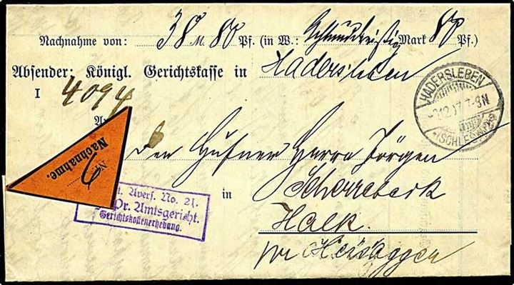 1907, postopkrævning sendt fra Hadersleben / Haderslev d. 3.12.1907 til Heisagger, annulleret med Haderslev 2, samt ankomststemplet Heisagger Bro Ia DAKA 65.01