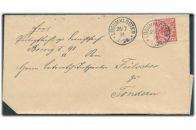 10 pfg. Adler på brev stemplet Lügumkloster d. 25.7.1891 til Tondern.