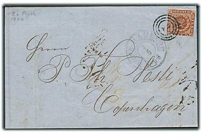 4 sk. 1858 udg. på brev annulleret med nr.stempel 2 og sidestemplet antiqua K.D.O.P.A. Hamburg d. 4.5.1860 til København.
