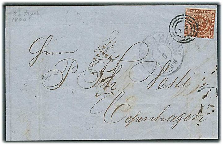 4 sk. 1858 udg. på brev annulleret med nr.stempel 2 og sidestemplet antiqua K.D.O.P.A. Hamburg d. 4.5.1860 til København.