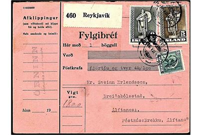 2 kr. og 5 kr. Thorfinn Karlsefni fintakket og 50 aur fisk på Fylgibréf fra Reykajvik d. 16.7.1945 til Brekku, Alftanes. 