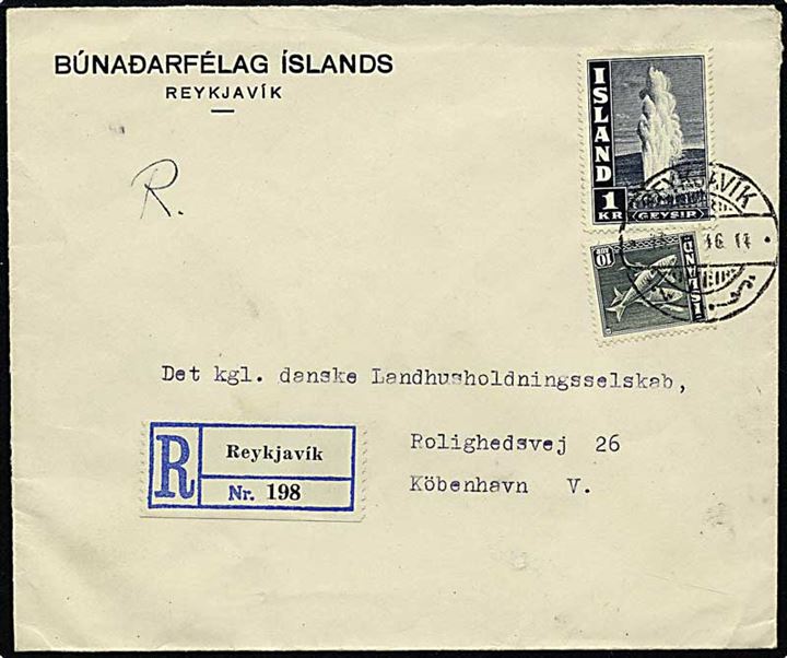 1 kr. geysir fintakket og 10 aur fisk på anbefalet brev fra Raykjavik d. 15.1.1946 til København.