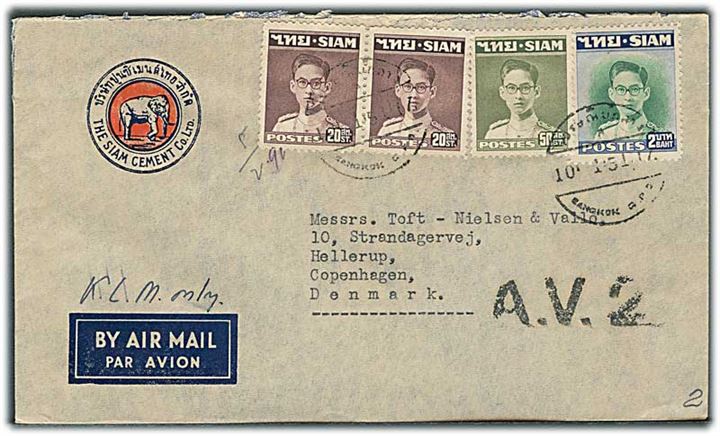 20 st. (2), 50 st. og 2 baht på luftpostbrev fra Bangkok d. 10.1.1951 til Hellerup, Danmark. Sort luftpost stempel A.V.2.