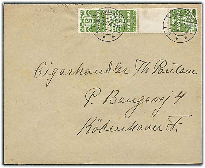 5 øre Bølgelinie i tête-bêche 4-stribe med mellemstykke på brev fra Slagelse d. 9.8.1935 til København.
