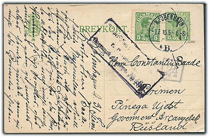 5 øre helsagsbrevkort opfrankeret med 5 øre Chr. X fra Kjøbenhavn d. 1.7.1916 til Primen, Pinega, Archangelsk i Nordrusland. Russisk censur fra Petrograd.