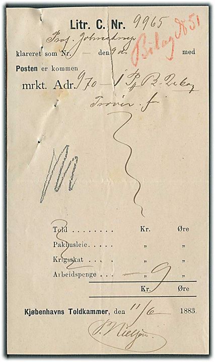 Kvittering fra Kjøbenhavns Toldkammer d. 11.6.1883.