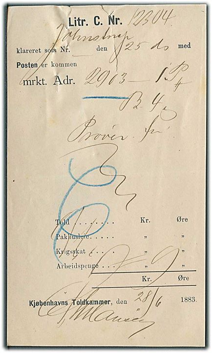 Kvittering fra Kjøbenhavns Toldkammer d. 28.6.1883.