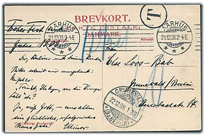 Ufrankeret julekort fra Aarhus d. 21.12.1908 til Grünewald, Tyskland. Sort T stemprel og udtakseret i 10 pfg. tysk porto.
