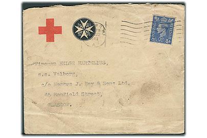 Britisk 2½d George VI på fortrykt Røde Kors kuvert stemplet London d. x.8.1942 til sømand ombord på det danske skib S/S Valborg i Glasgow. Kuvert har formodentlig indeholdt en Røde Kors formular forsendelse.