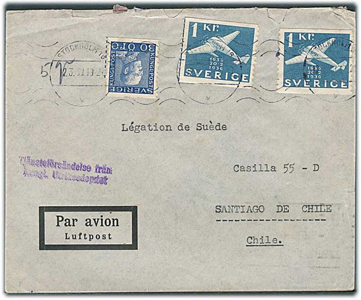 30 öre Gustaf og 1 kr. Postjubilæum (2) på luftpostbrev fra Stockholm d. 2.3.1937 via Paris til Santiago de Chile, Chile. Ank.stemplet d. 16.3.1937. 