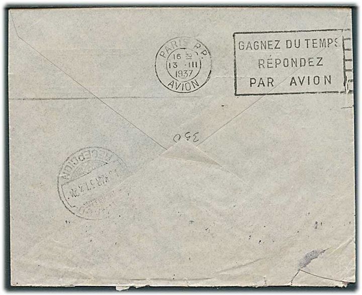 30 öre Gustaf og 1 kr. Postjubilæum (2) på luftpostbrev fra Stockholm d. 2.3.1937 via Paris til Santiago de Chile, Chile. Ank.stemplet d. 16.3.1937. 