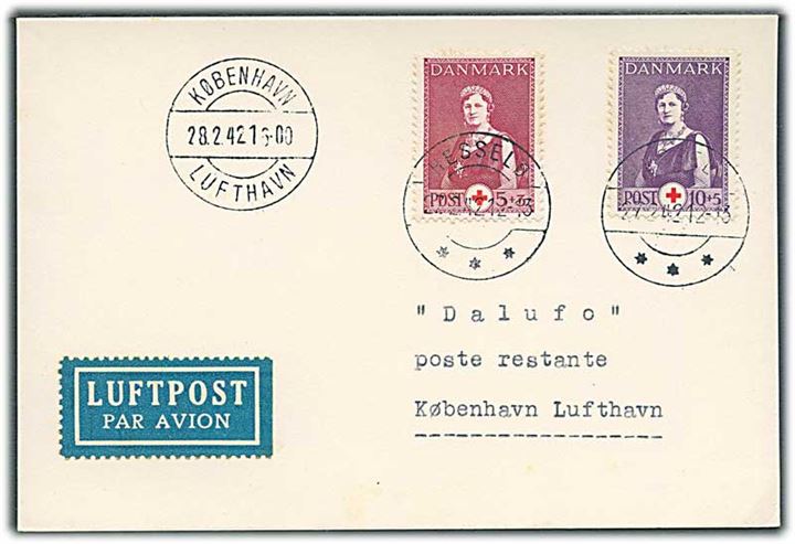 5+3 øre og 10+5 øre Røde Kors på is-luftpost brevkort annulleret med brotype IIc Hesselø d. 27.2.1942 til Kastrup Lufthavn.