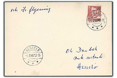 30/20 øre Provisorium på is-luftpost brevkort annulleret med brotype IIc Hesselø d. 22.2.1956 og 9.3.1956.