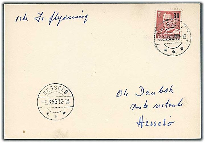 30/20 øre Provisorium på is-luftpost brevkort annulleret med brotype IIc Hesselø d. 22.2.1956 og 9.3.1956.