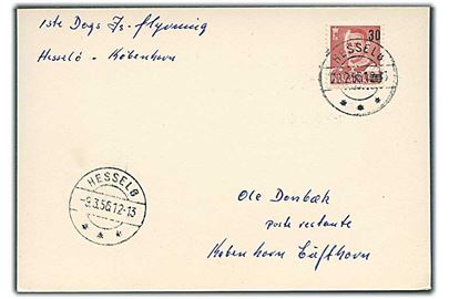 30/20 øre Provisorium på is-luftpost brevkort stemplet Hesselø d. 22.2.1956 og 9.3.1956 til København Lufthavn.