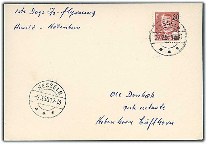 30/20 øre Provisorium på is-luftpost brevkort stemplet Hesselø d. 22.2.1956 og 9.3.1956 til København Lufthavn.