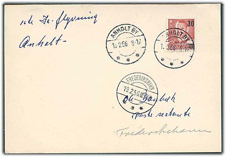 30/20 øre Provisorium på is-luftpost brevkort annulleret med brotype IIc Anholt By d. 15.2.1956 til Frederikshavn.