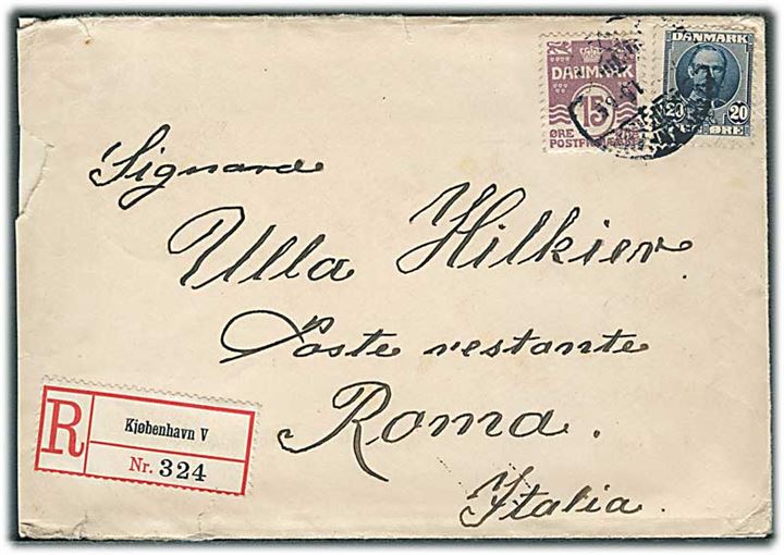 15 øre Bølgelinie og 20 øre Fr. VIII på anbefalet brev fra Kjøbenhavn d. xx.12.1911 til poste restante i Rom, Italien.