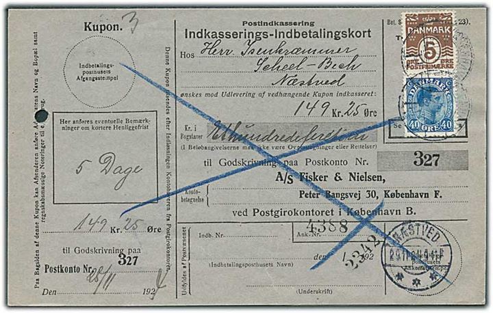 5 øre Bølgelinie og 40 øre Chr. X på retur Indkasserings-Indbetalingskort fra Kjøbenhavn d. 28.11.1924 til Næstved.