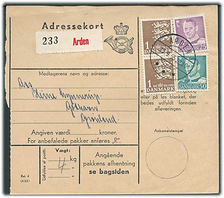 25 øre, 50 øre Fr. IX og 1 kr. Rigsvåben (2) på adressekort for pakke fra Arden d. 23.9.1955 til Godhavn, Grønland.