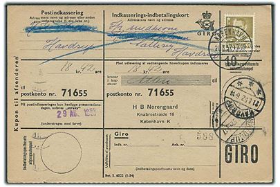 90 øre Fr. IX single på retur Indkasserings-indbetalingskort fra København d. 20.8.1957 til Havdrup.