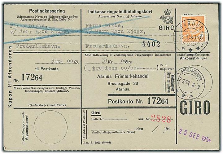 80 øre Fr. IX single på retur Indkasserings-Indbetalingskort fra Aarhus d. 16.9.1954 til Frederikshavn.