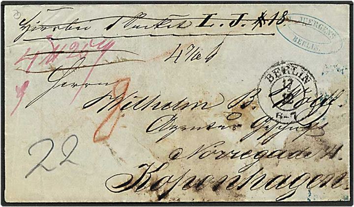 Pakkefølgebrev fra Berlin, Tyskland, d. 17.12.1853 til København. Kjøbenhavn O.P.E. antikvastempel sat liniestemple omkring pakken på Kjøbenhavns Toldbod.